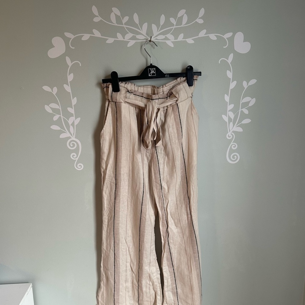 Cream and Blue Striped Linen Blend Pants from Indigo Reis in US Size L